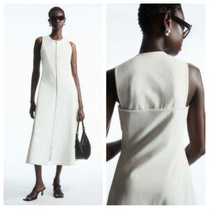 cos - flared zip up midi dress sleeveless fit and flare stretch scoop neck white